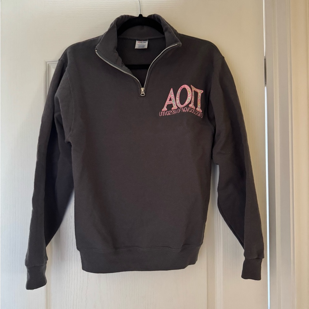 AOII - Alpha Omicron Pi half zip sweatshirt grey embroidered. Size small